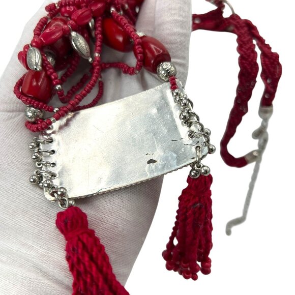 CHICO'S Red Long Beaded Necklace Multi Strand Silver Boho Braided Statement - Picture 7 of 7